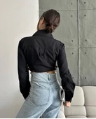 Yanı kemer detaylı crop gömlek siyah s4009 thumbnail 5