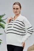 Kadın Polo Yaka Oversize Çizgili 4 Düğmeli Triko Kazak Ekru - 3