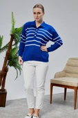 Kadın Polo Yaka Oversize Çizgili 4 Düğmeli Triko Kazak Saks Mavi thumbnail 5