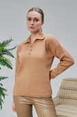 Kadın Polo Yaka Oversize Çiçek Nakışlı Triko Kazak Vizon - 3