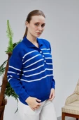 Kadın Polo Yaka Oversize Çizgili 4 Düğmeli Triko Kazak Saks Mavi thumbnail 1