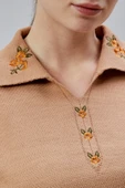 Kadın Polo Yaka Oversize Çiçek Nakışlı Triko Kazak Vizon - 6