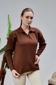 Kadın Polo Yaka Oversize Çiçek Nakışlı Triko Kazak Kahverengi thumbnail 8