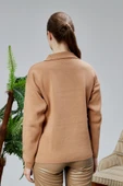 Kadın Polo Yaka Oversize Çiçek Nakışlı Triko Kazak Vizon - 5