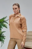 Kadın Polo Yaka Oversize Çiçek Nakışlı Triko Kazak Vizon - 4