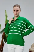 Kadın Polo Yaka Oversize Çizgili 4 Düğmeli Triko Kazak Yeşil thumbnail 10