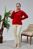 Kadın Polo Yaka Oversize Çiçek Nakışlı Triko Kazak Kırmızı thumbnail 6