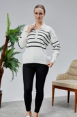 Kadın Polo Yaka Oversize Çizgili 4 Düğmeli Triko Kazak Ekru - 8