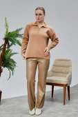 Kadın Polo Yaka Oversize Çiçek Nakışlı Triko Kazak Vizon - 7