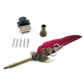 Kuş Tüylü Mühürlü Dolma Kalem Seti Pembe - 1