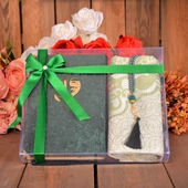 Kutulu Kadife Kuranı Kerim İnci Tesbihli Simli Goblen Seccadeli Yeşil Renk - 1