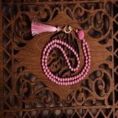 Kutulu Kadife Kuranı Kerim İnci Tesbihli Simli Goblen Seccadeli  Pembe Renk - 3