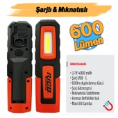 Mıknatıslı Şarjlı Ledli El Feneri 600 Lümen Lambası Spor Kamp Fener SOS & UV Mavi Işık Oto Tamir thumbnail 1