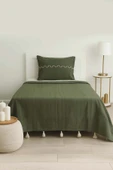 Rivaİstanbul Luna Haki Boncuklu Püsküllü %100 Pamuklu Tek Kişilik Yatak Örtüsü Takımı thumbnail 1