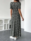 Kadın Kısa Kollu Kruvaze Yakalı çiçek Desenli Süprem Elbise - 4