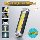 El Feneri Güneş Enerjli Ledli 15W Şarjlı Mıknatıslı Askılı Kamp Taktik El Feneri Su Geçirmez thumbnail 1