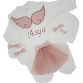 Melek Kanatlı Kız Bebek Hastane Çıkışı 3 lü Set Koyu Pudra - 2