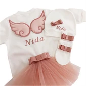 Melek Kanatlı Kız Bebek Hastane Çıkışı 3 lü Set Koyu Pudra - 4
