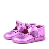 Coco Hakiki Deri Fuşya Fiyonklu Lastikli Bebek Patik - 4