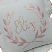 Kişiye Özel Nakışlı  Laruel Desenli Doğum Yastığı Beyaz- Pudra Pembe - 3