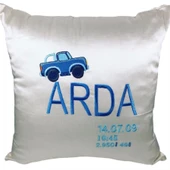 Kişiye Özel Nakışlı Doğum Yastığı  Araba Desenli Saten-Ekru - 1