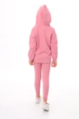 Kız Çocuk 2'li Takım Baskılı Kapüşonlu Düşük Omuz Yırtmaçlı Sweatshirt & Basic Düz Tayt thumbnail 5