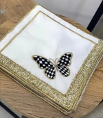 NİVEMESHOME SİYAH KELEBEK  NAKIŞLI GOLD KARE (6 ADET) KETEN KOKTEYL PEÇETESİ KAHVE YANI SUNUMLUK - 1