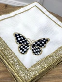 NİVEMESHOME SİYAH KELEBEK  NAKIŞLI GOLD KARE (6 ADET) KETEN KOKTEYL PEÇETESİ KAHVE YANI SUNUMLUK - 3