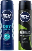 NIVEA Men Erkek Sprey Deodorant Dry Fresh 72 Saat Anti-perspirant Koruma, Ekstra Kuruluk, 150 ml X2 + NIVEA Men Erkek Sprey Deodorant Deep Dimension Amazonia 48 Saat Koruma, 150 ml - 1