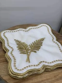 NİVEMESHOME YAPRAK NAKIŞLI GOLD KARE (6 ADET) KETEN KOKTEYL PEÇETESİ KAHVE YANI SUNUMLUK - 4