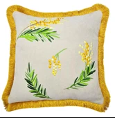 Mimoza Desenli Kadife  Ekru - Hardal Püsküllü Yastık 40x40 - 1
