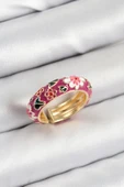 Pirinç Fuşya Mineli Çiçek Motifli Gold Renk Ayarlanabilir Kadın Yüzük - TJ-BYK3807 - 1
