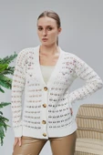 Lugmo Kadın Triko Hırka Çiçek Nakışlı Delikli Standart Beden Ekru thumbnail 2