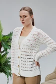 Lugmo Kadın Triko Hırka Çiçek Nakışlı Delikli Standart Beden Ekru thumbnail 5