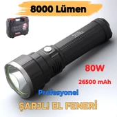 El Feneri 8000 Lümen 80W Uzun Menzil Metal Kasa Şarjlı Powerbank Ledli Işık Lambası Su Geçirmez Kamp thumbnail 1
