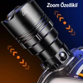 Kafa Lambası Zoomlu 60W Uzun Menzil Usb Şarjlı Powerbank Ledli Işık Su Geçirmez Kamp El Feneri thumbnail 3