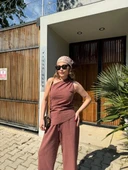 Kadın Keten Asimetrik Tek Omuzlu Bluz Pantalon Takım- Bordo thumbnail 3