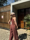 Kadın Keten Asimetrik Tek Omuzlu Bluz Pantalon Takım- Bordo thumbnail 4