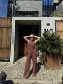 Kadın Keten Asimetrik Tek Omuzlu Bluz Pantalon Takım- Bordo thumbnail 6