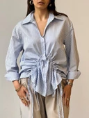 Önü büzgü detaylı çizgili gömlek thumbnail 1