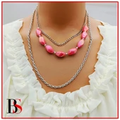 Pembe Boncuk Dorika Aparat Çok Sıralı Kadın Kolye thumbnail 1