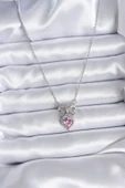 316L Çelik Gümüş Renk Zincir Pembe Kristal Kalp Zirkon Taşlı Kurdele Model Kadın Kolye - TJ-BKO7746 thumbnail 2
