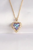 316L Çelik Zincir Altın Renk Zirkon Taşlı Mavi Mor Renkli Kalp Figür Kolye - TJ-BKO8685 thumbnail 1