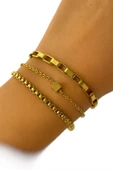 Ltın Renk Küp Arnavut Zincir 3'Lü Kombin Çelik Bileklik thumbnail 2