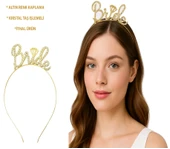 Altın Renkli Taşlı 'bride' Gelin Tacı - El Yazısı Yazı Tipiyle - 1