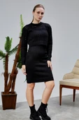 Kadın Triko Takım Delikli Kazak ve Askılı Elbise Standart Beden Siyah - 3