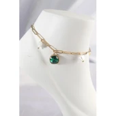 Gold Renk 316 L Çelik  Zümrüt Taş Tasarımlı Halhal - 1