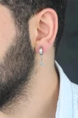 Silver Renk Kaplama Osmanlı Tuğra Figürlü Kıstırmalı Çelik Erkek Küpe - 1