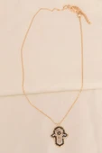 Gold Renk Metal Minimal Taşlı Fatma Ana Eli Figürlü Kolye - 2