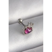 316L Çelik Gümüş Renk Pembe Mineli Kalp Zirkon Taş Detaylı Taç Tragus Piercing - 1